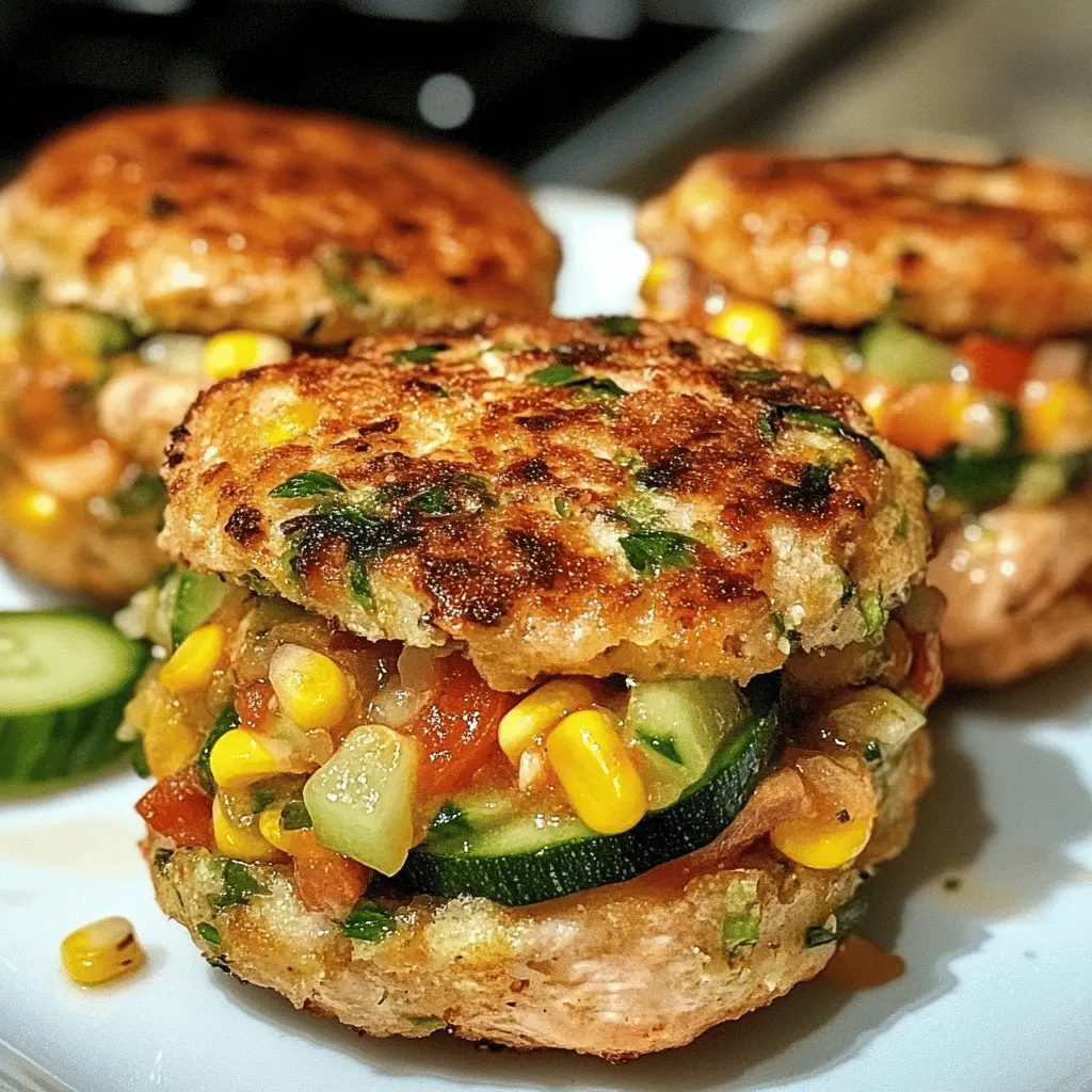 Looking for a tasty twist on a classic burger? These Chicken, Zucchini, and Fresh Corn Burgers topped with a refreshing Tomato Cucumber Relish are perfect for a summer cookout! With a blend of juicy chicken, crunchy veggies, and vibrant flavors, they are sure to impress. Save this recipe for a fun backyard gathering or a quick weeknight dinner!